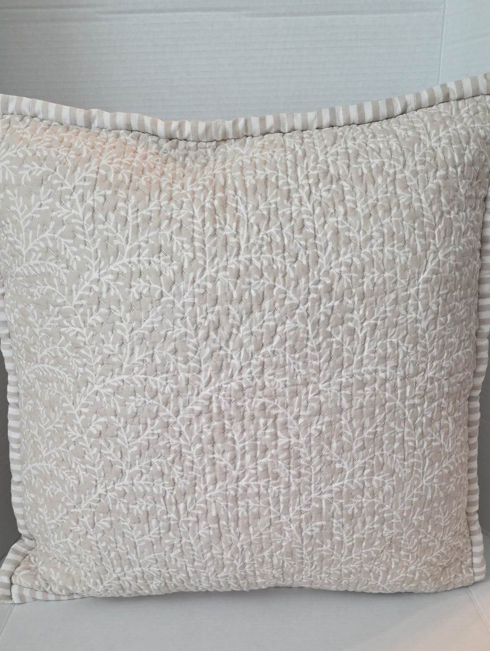 Garnet Hill Cream Tan Quilted Leaf-Embossed Cotton Strip Edge Accent Pillowcover